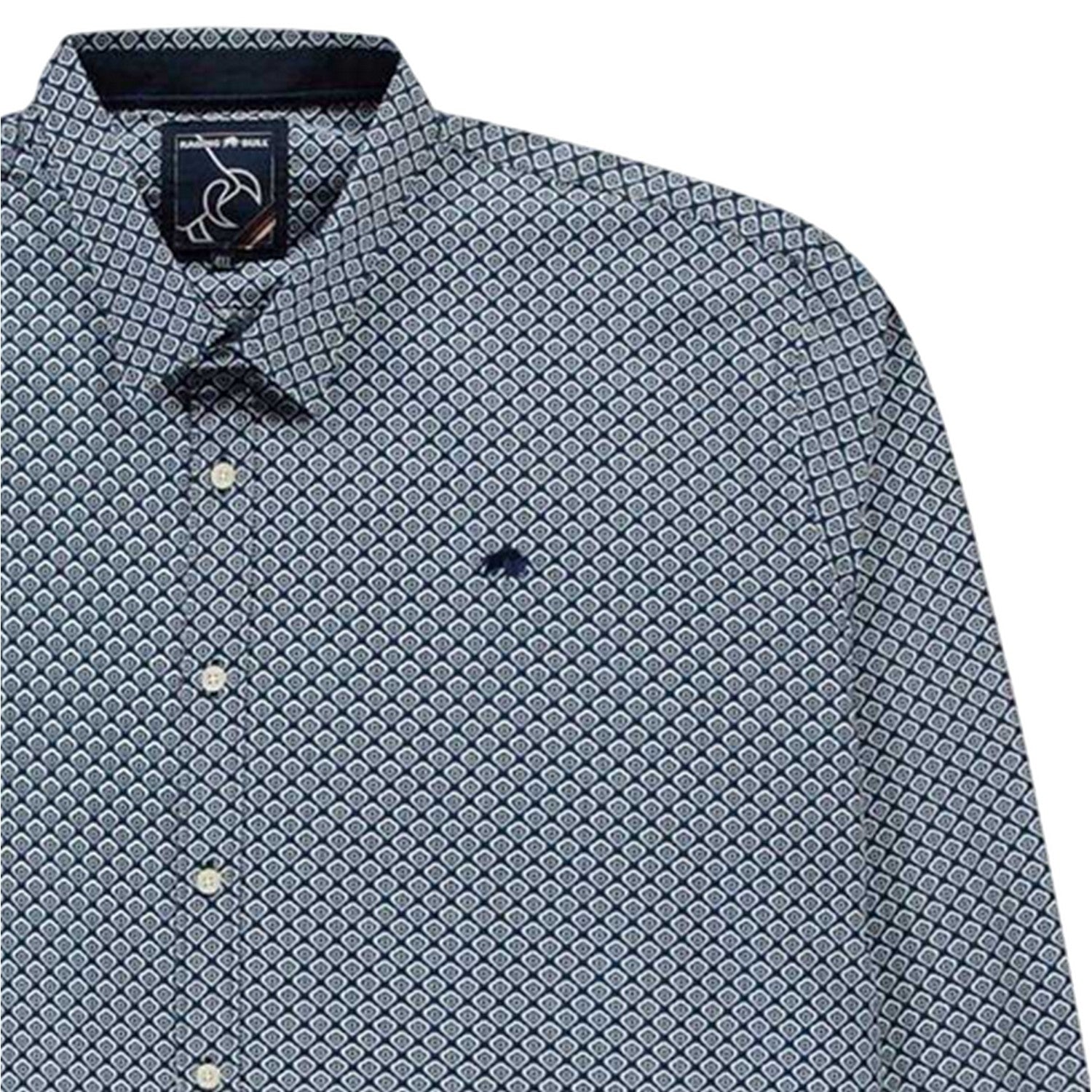 Navy - Side - Raging Bull Mens Geometric Oxford Regular Long-Sleeved Shirt
