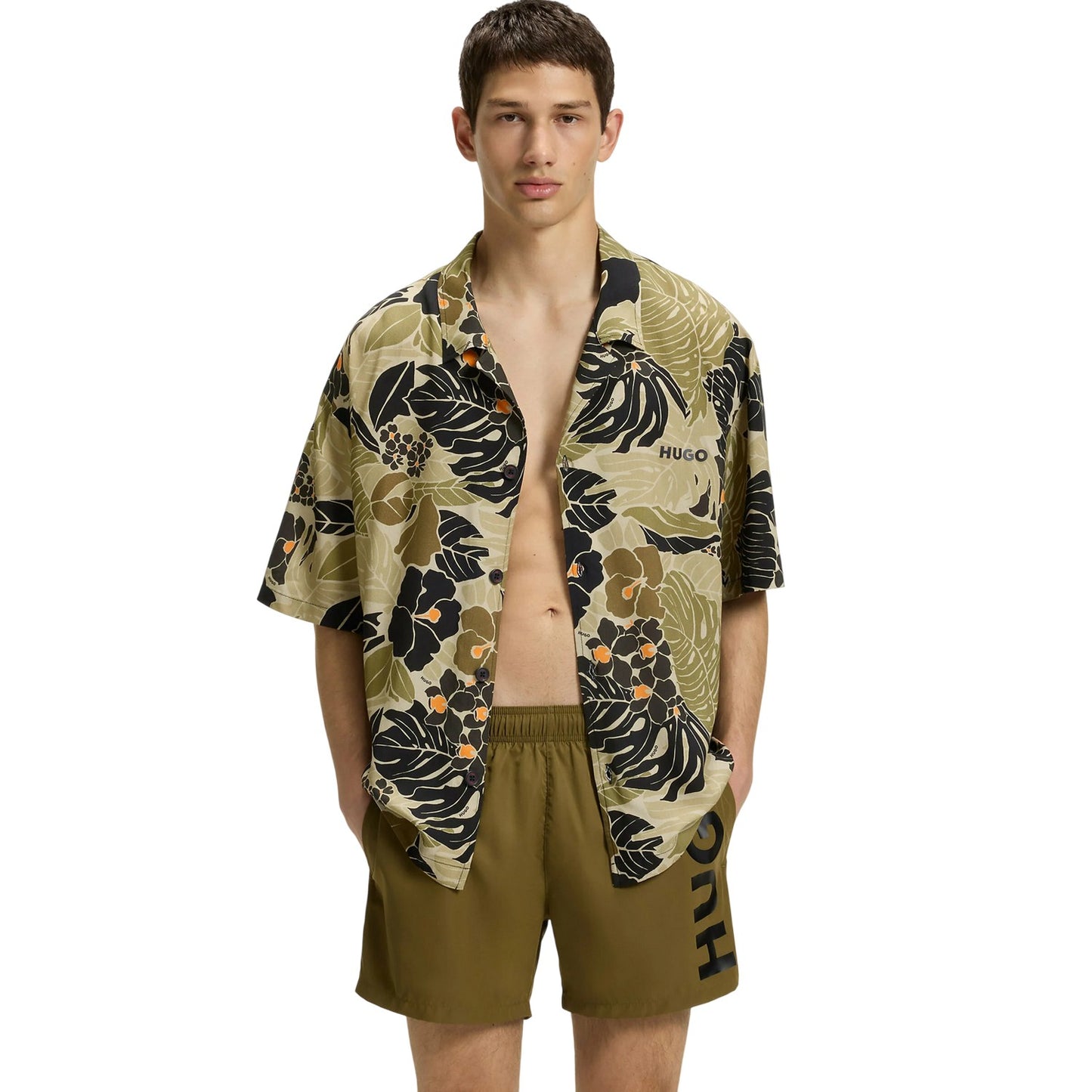 Green - Lifestyle - Hugo Mens Printed Viscose Beach Shirt