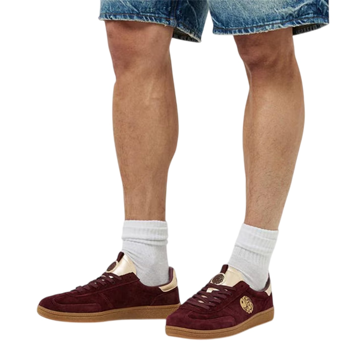 Maroon-Gold - Side - Pretty Green Mens Ramblas Suede Trainers