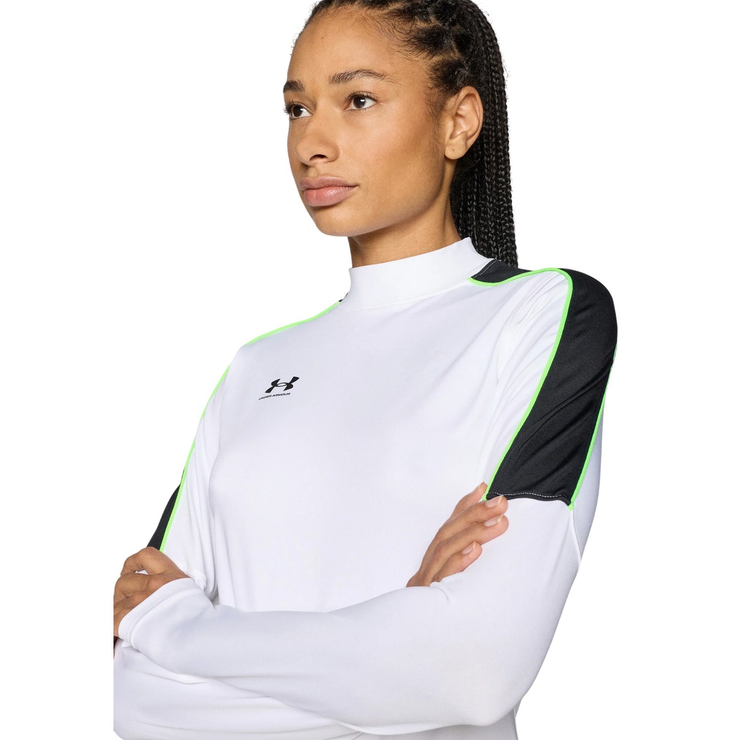 White-Black - Side - Under Armour Womens-Ladies Challenger Fitted Base Layer Top
