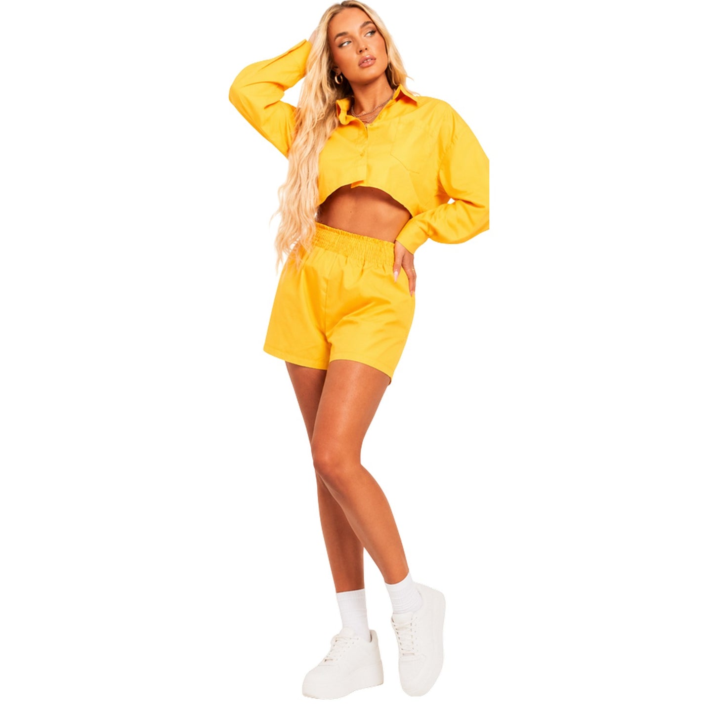 Orange - Side - Missy Empire Womens-Ladies Cotton Cropped Long-Sleeved Shirt