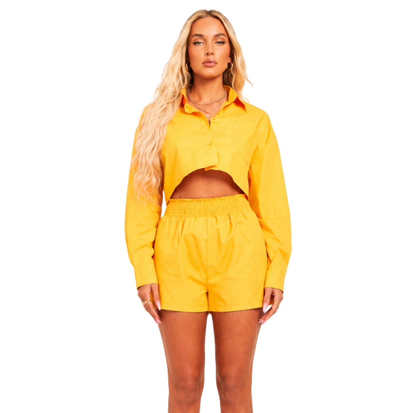 Orange - Front - Missy Empire Womens-Ladies Cotton Cropped Long-Sleeved Shirt