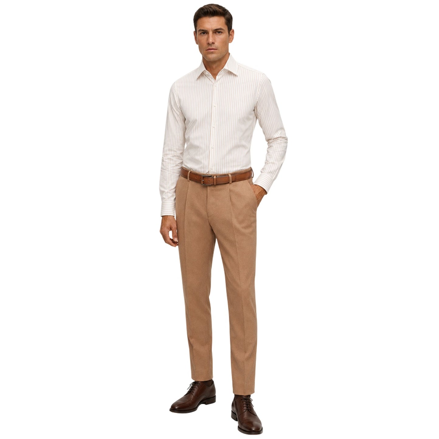 Beige - Lifestyle - Boss Mens Striped Point Collar Long-Sleeved Shirt