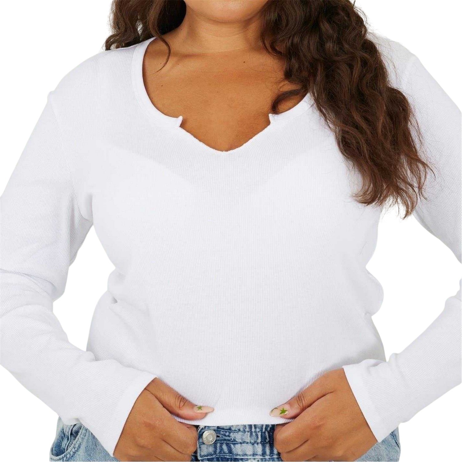 White - Side - Brave Soul Womens-Ladies Notch Neck Long-Sleeved T-Shirt