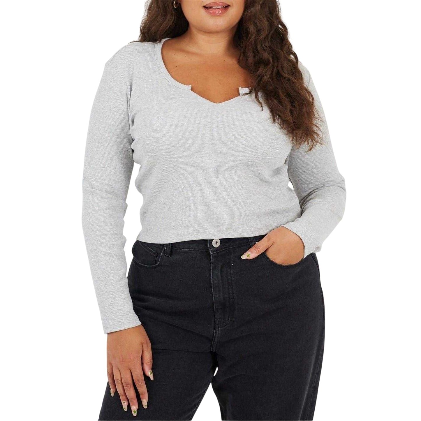 Grey Marl Marl - Front - Brave Soul Womens-Ladies Notch Neck Long-Sleeved T-Shirt