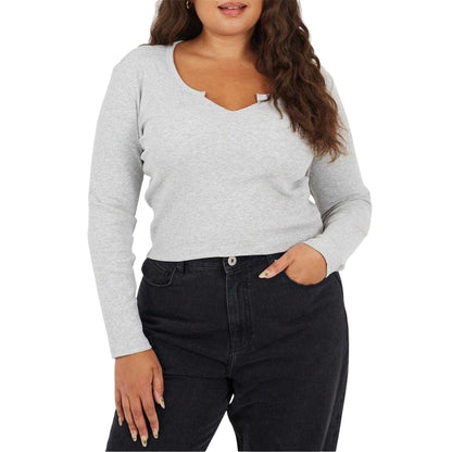 Grey Marl Marl - Front - Brave Soul Womens-Ladies Notch Neck Long-Sleeved T-Shirt