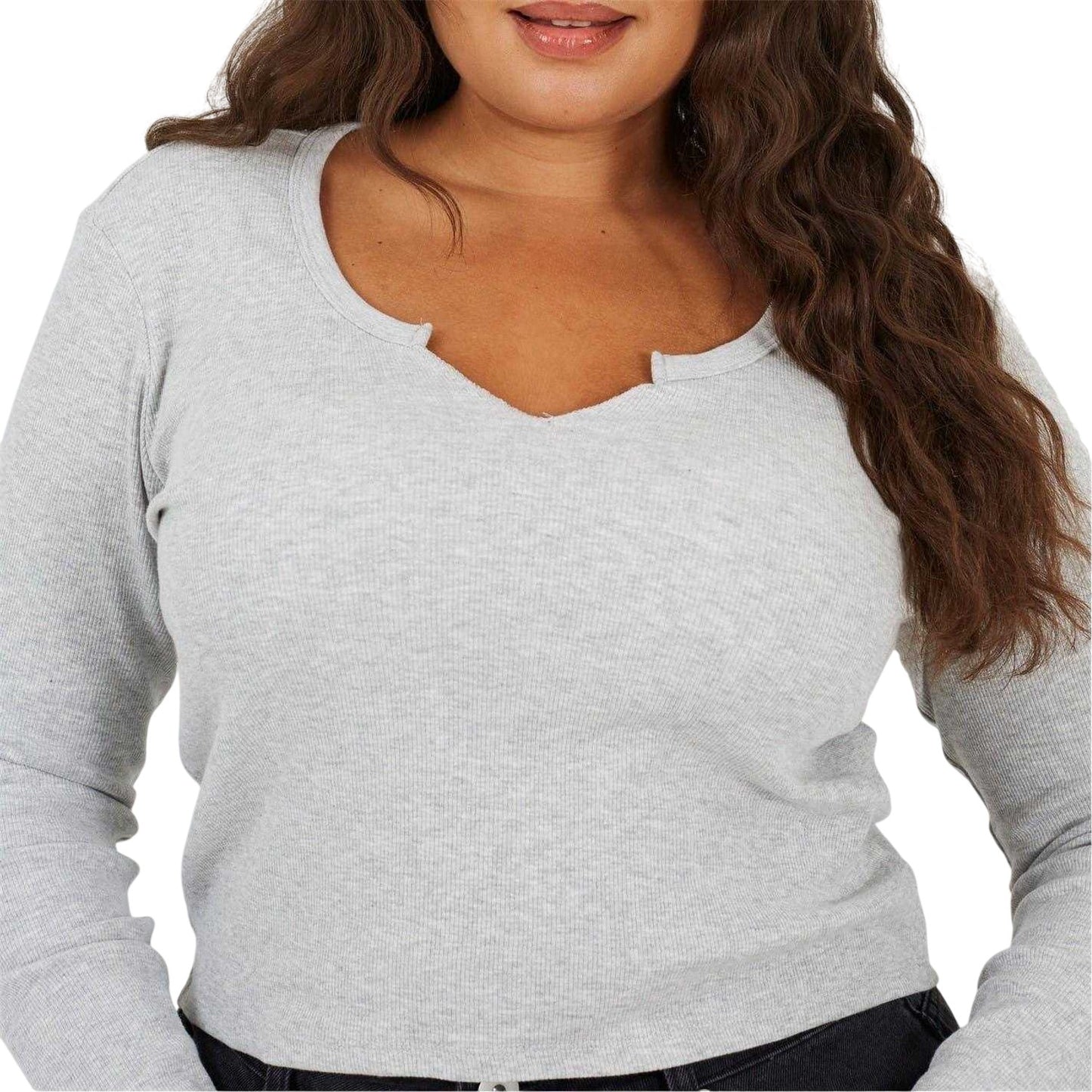 Grey Marl Marl - Side - Brave Soul Womens-Ladies Notch Neck Long-Sleeved T-Shirt