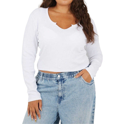 White - Front - Brave Soul Womens-Ladies Notch Neck Long-Sleeved T-Shirt
