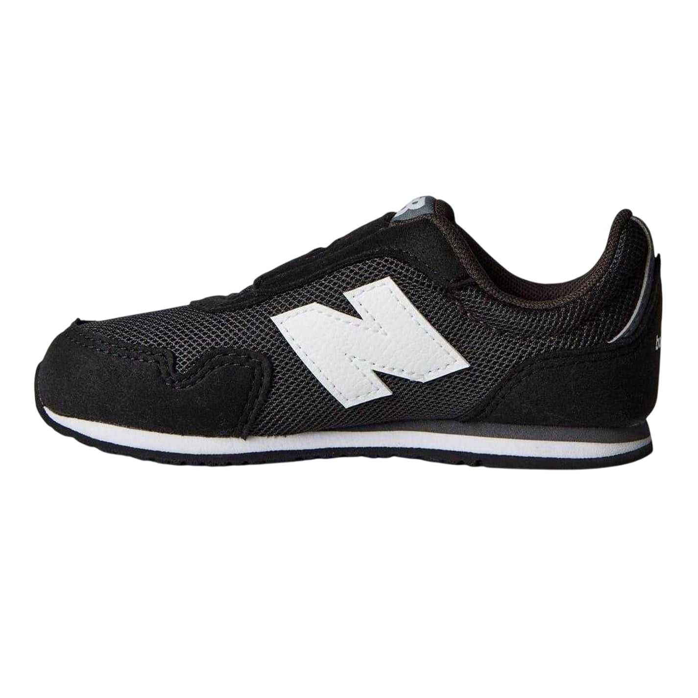 Black-White - Side - New Balance Childrens-Kids Logo Leather Hook and Loop Flat Shoes