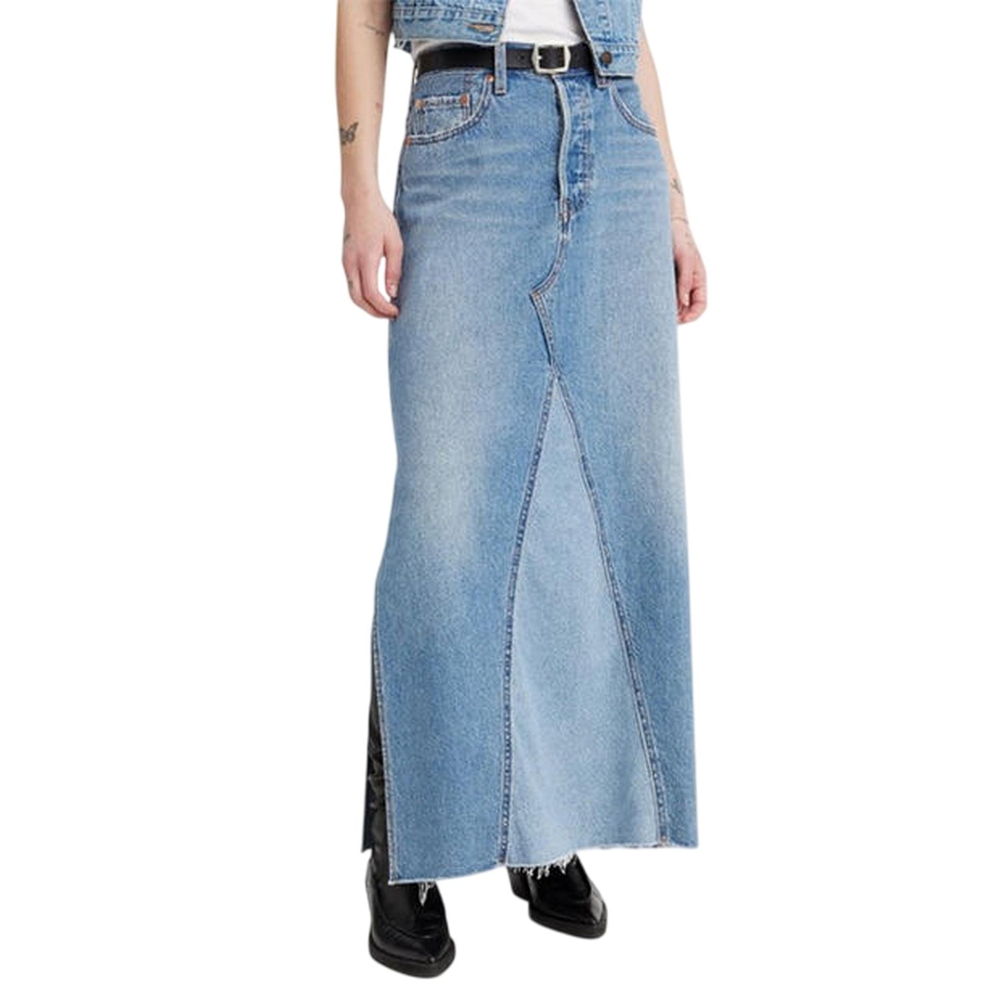 Blue - Side - Levis Womens-Ladies Iconic Split Denim Regular Maxi Skirt
