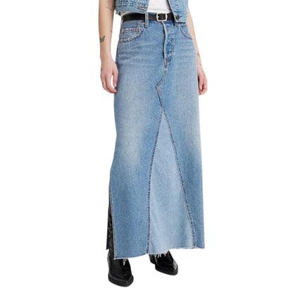 Blue - Side - Levis Womens-Ladies Iconic Split Denim Regular Maxi Skirt