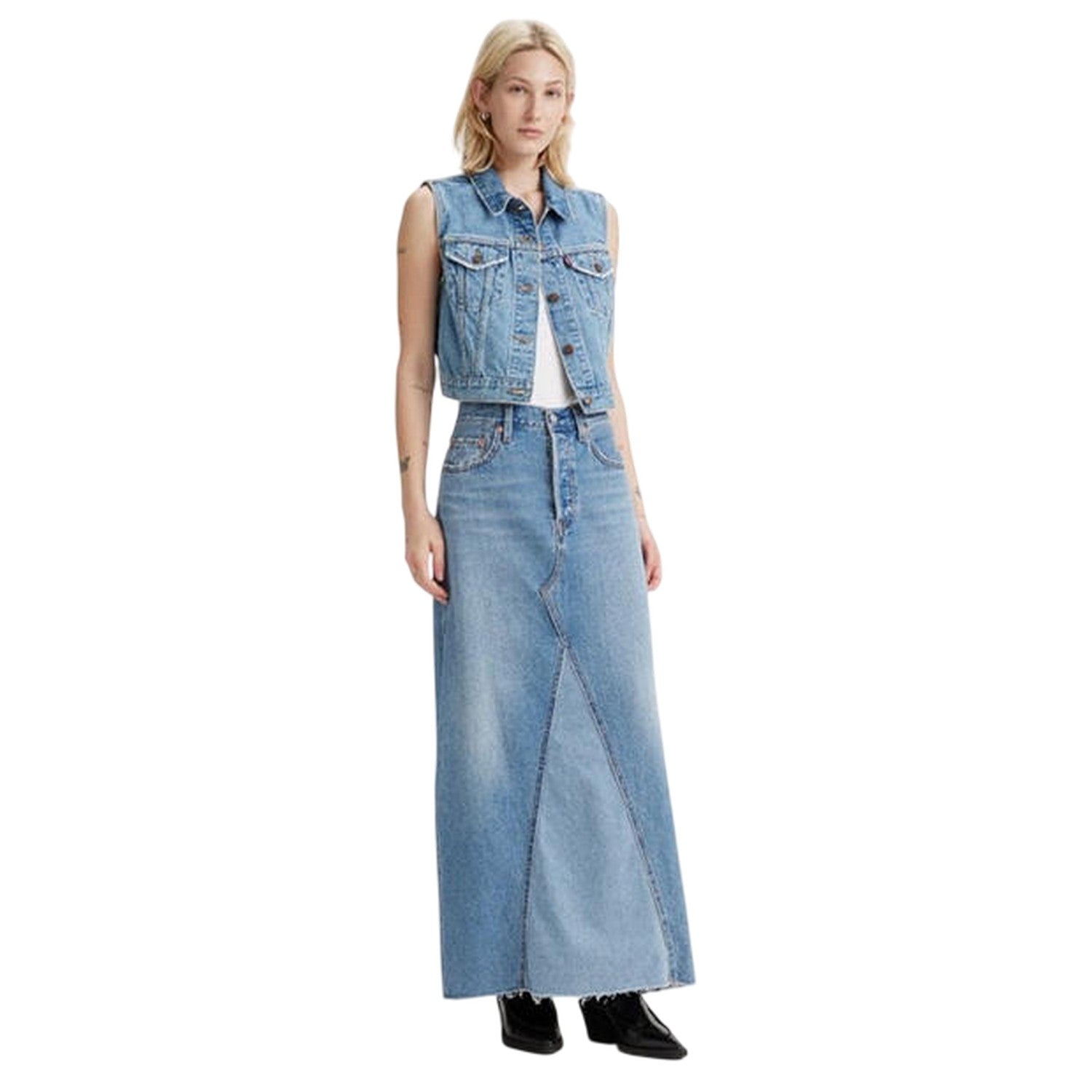 Blue - Pack Shot - Levis Womens-Ladies Iconic Split Denim Regular Maxi Skirt