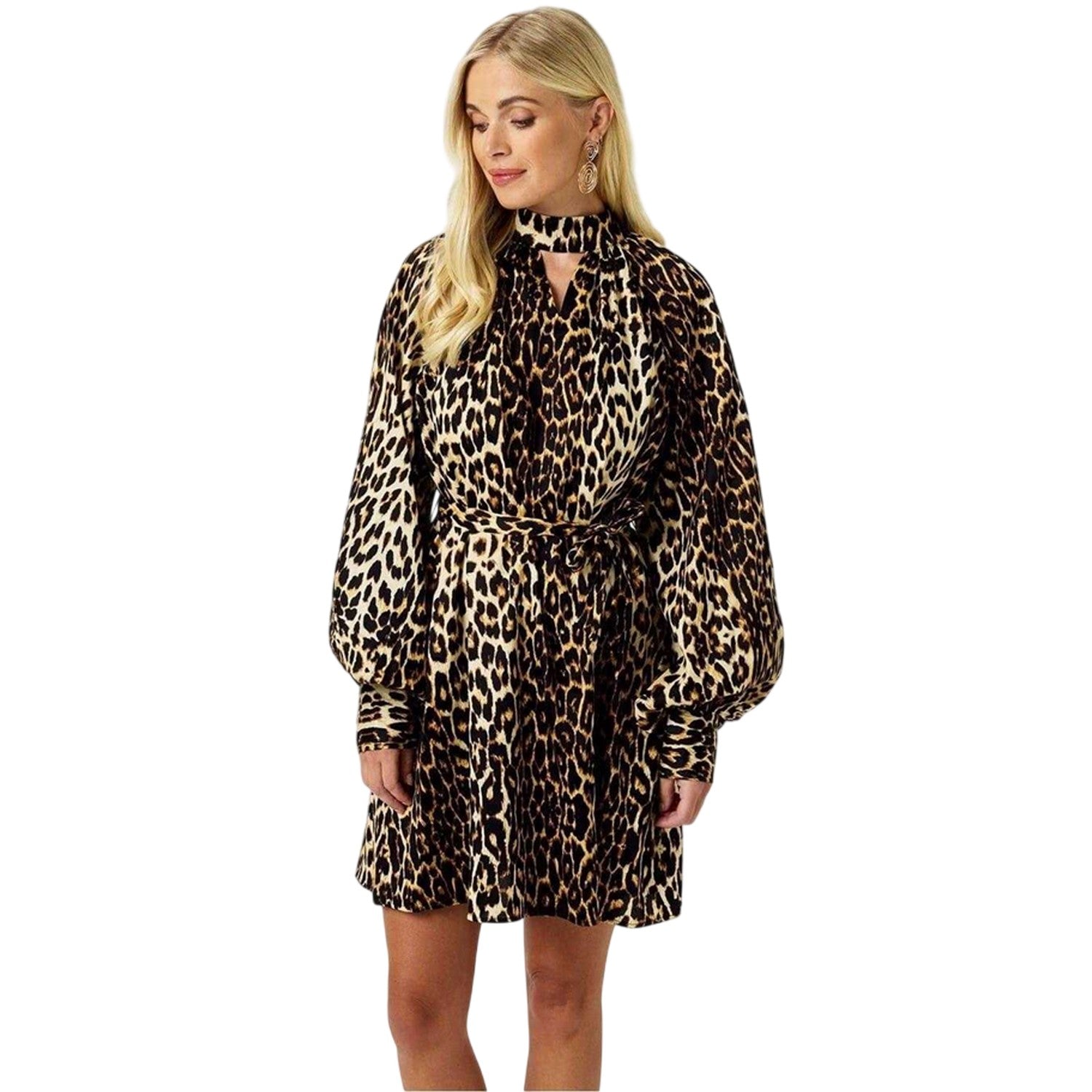 Brown-Black - Side - Biba Womens-Ladies Leopard Print Balloon Sleeve Mini Dress