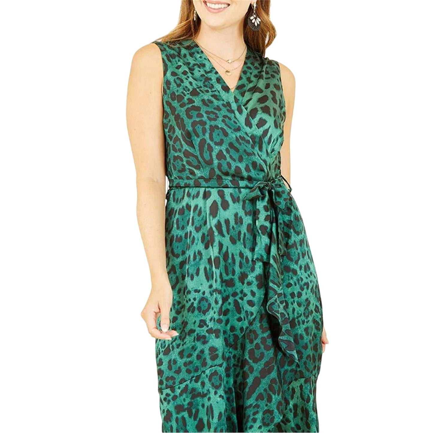 Green - Side - Mela London Womens-Ladies Leopard Print V Neck Wrap Dress