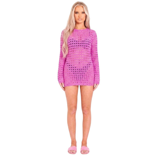 Pink - Front - Missy Empire Womens-Ladies Crochet Low Back Mini Dress