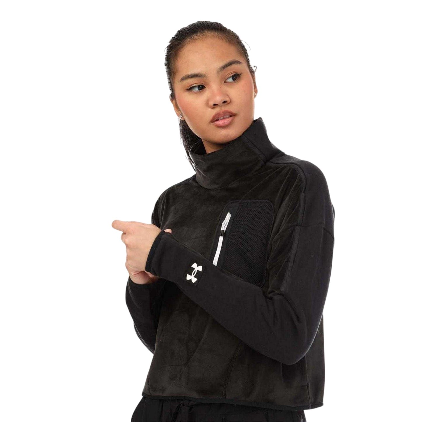 Black - Side - Under Armour Womens-Ladies Mock Neck Fleece Top
