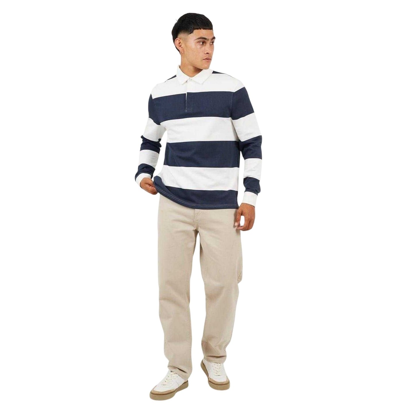 Cream-Navy - Lifestyle - Brave Soul Mens Rugby Shirt