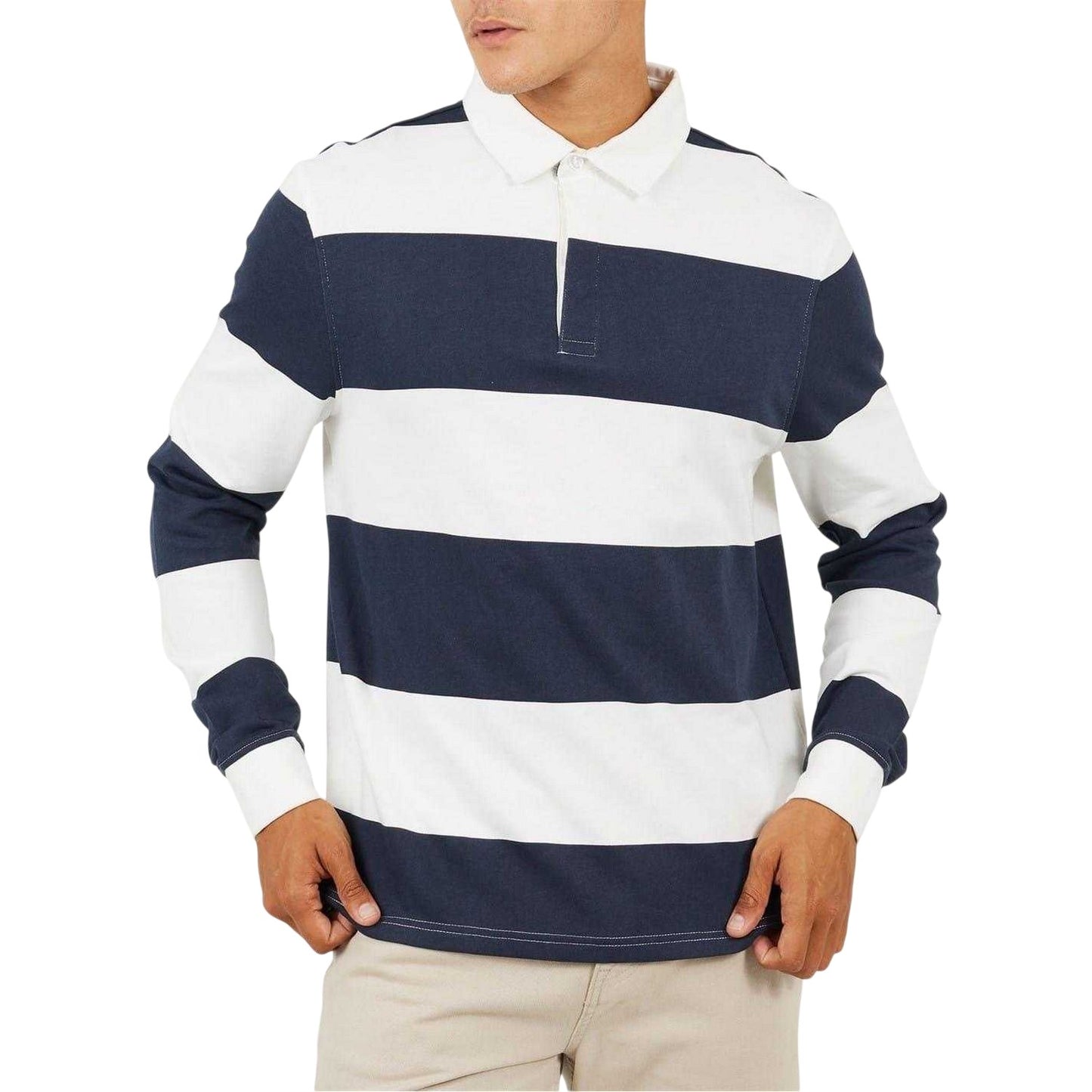 Cream-Navy - Front - Brave Soul Mens Rugby Shirt