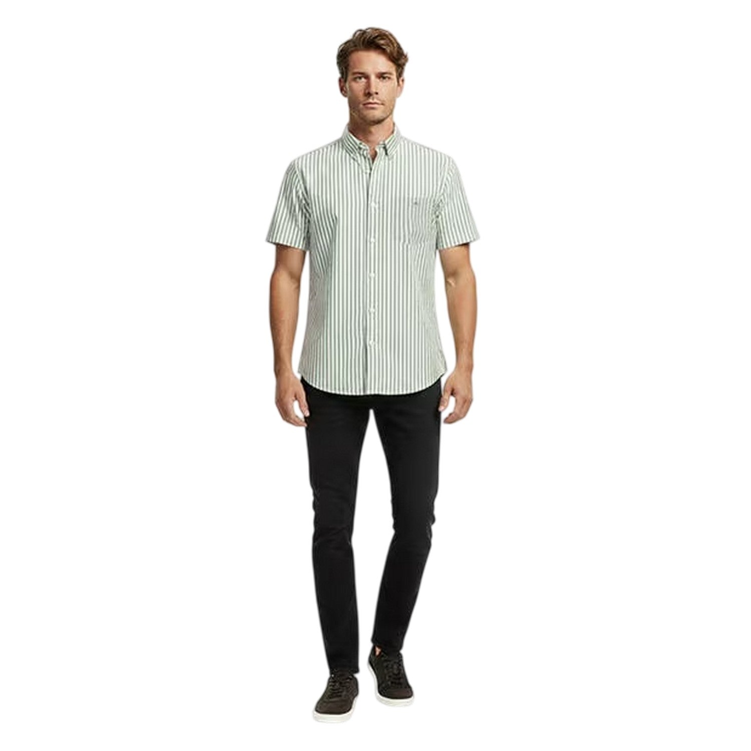 Herb-Green - Lifestyle - Gant Mens Striped Poplin Short-Sleeved Shirt