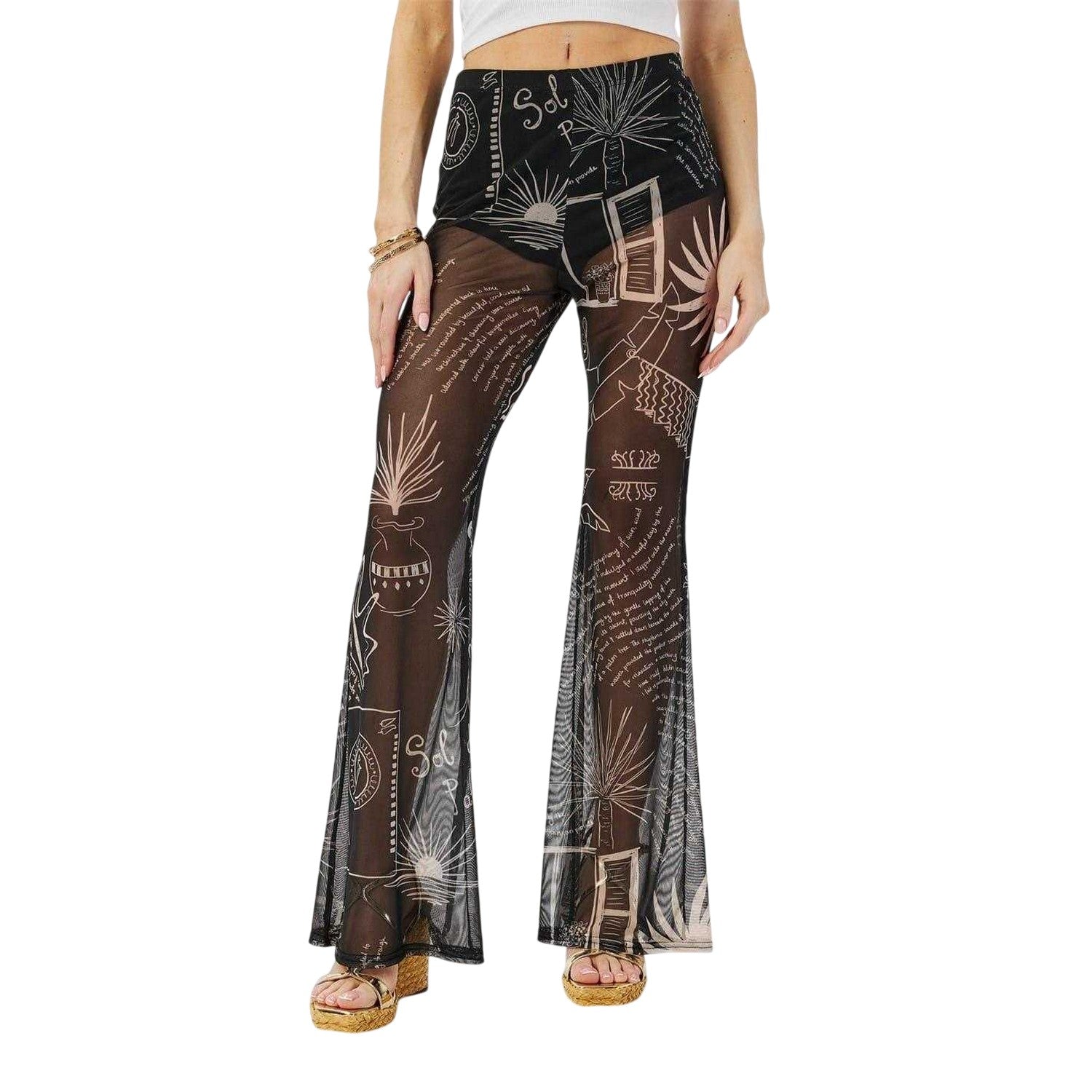 Black-White - Lifestyle - Never Fully Dressed Womens-Ladies Palm Tree High Rise Trousers