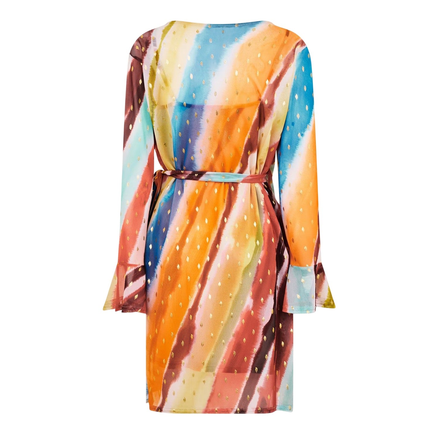 Orange - Back - Never Fully Dressed Womens-Ladies Sunset Vienna Striped V Neck Bell Sleeve Wrap Dress