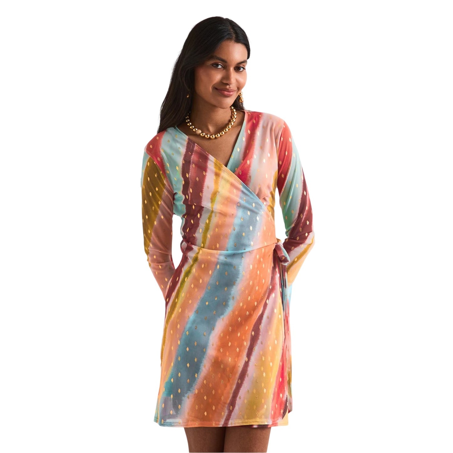 Orange - Side - Never Fully Dressed Womens-Ladies Sunset Vienna Striped V Neck Bell Sleeve Wrap Dress