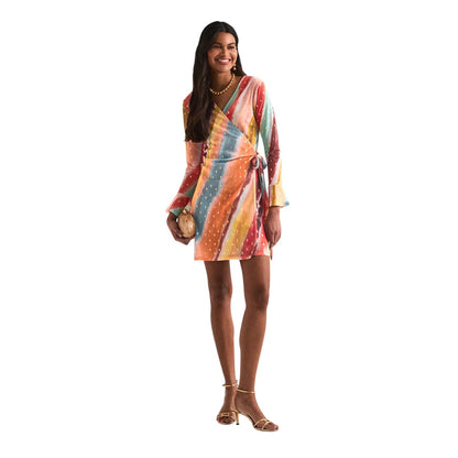 Orange - Lifestyle - Never Fully Dressed Womens-Ladies Sunset Vienna Striped V Neck Bell Sleeve Wrap Dress