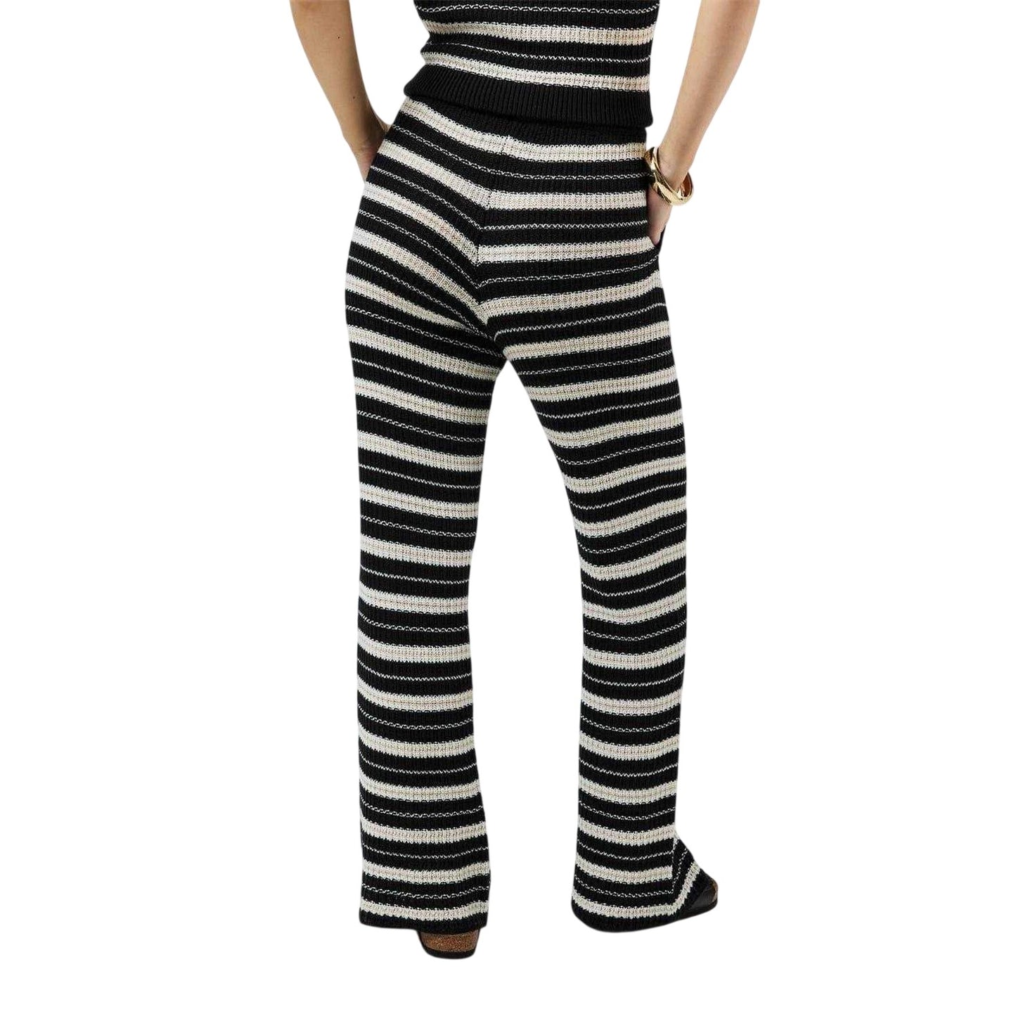 Carbon - Back - Jack Wills Womens-Ladies Knitted Striped Wide Leg Trousers