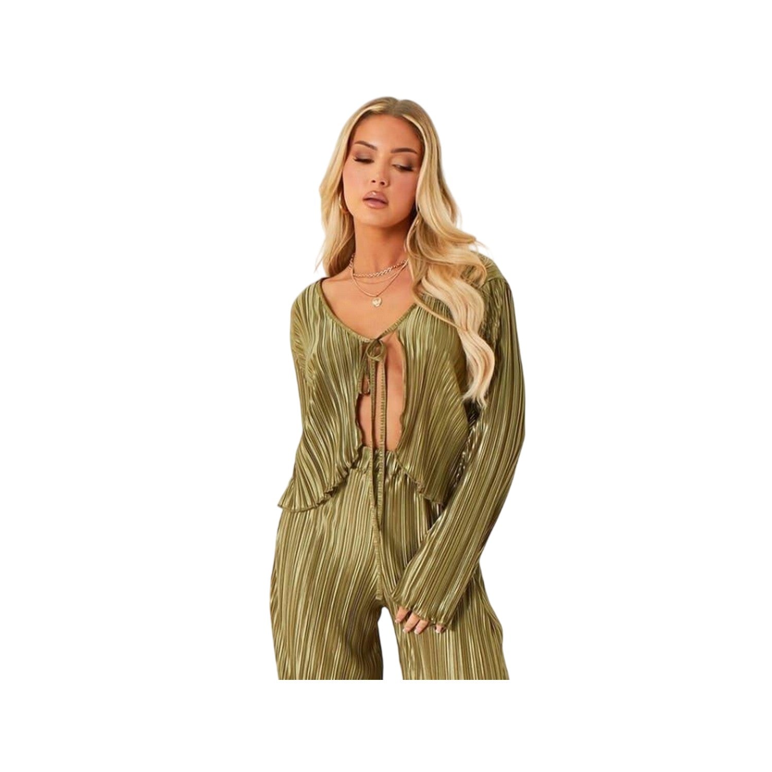 Khaki Green - Back - Missy Empire Womens-Ladies Plisse Wide Leg Trousers
