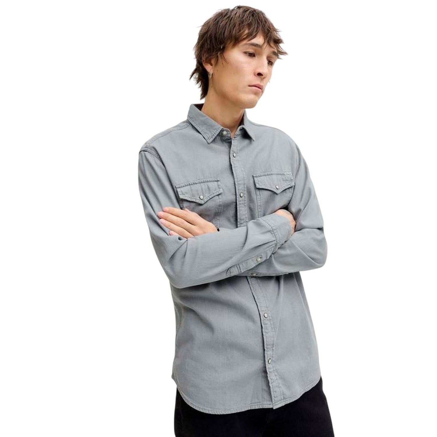 Light Grey Melange - Side - Jack And Jones Mens Sheridan Chest Pocket Shirt