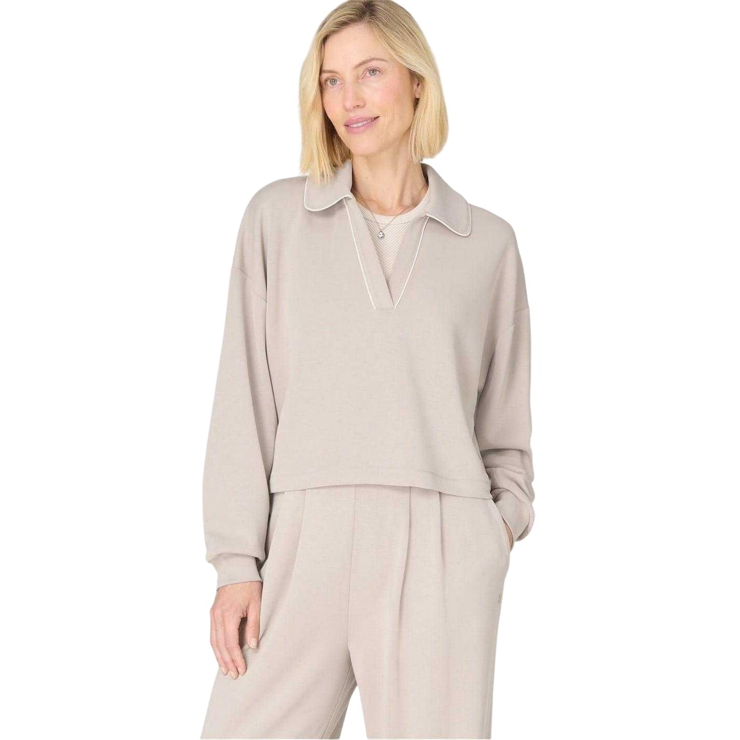 Mink Beige - Lifestyle - Sweaty Betty Womens-Ladies Henley Long-Sleeved Crop Top
