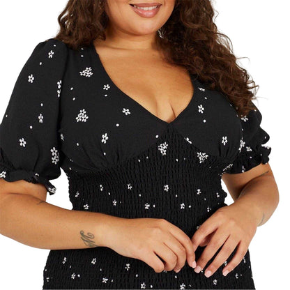 Black-White - Side - Brave Soul Womens-Ladies V Neck Plus Puff Sleeve Mini Dress