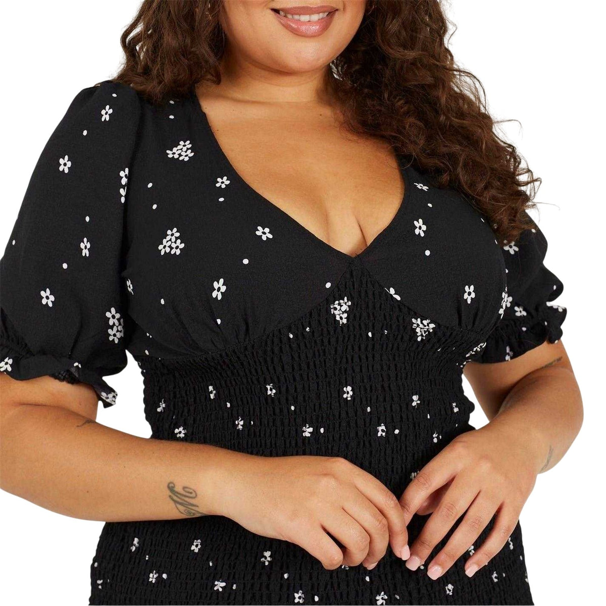 Black-White - Side - Brave Soul Womens-Ladies V Neck Plus Puff Sleeve Mini Dress