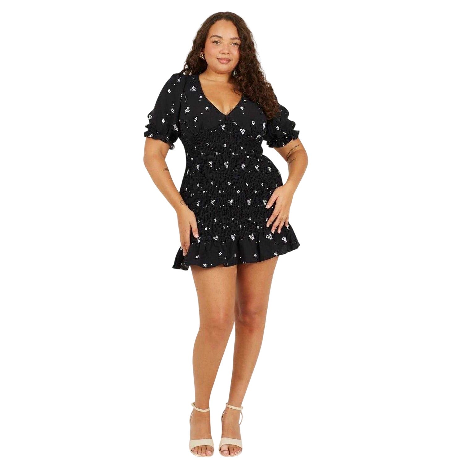 Black-White - Lifestyle - Brave Soul Womens-Ladies V Neck Plus Puff Sleeve Mini Dress