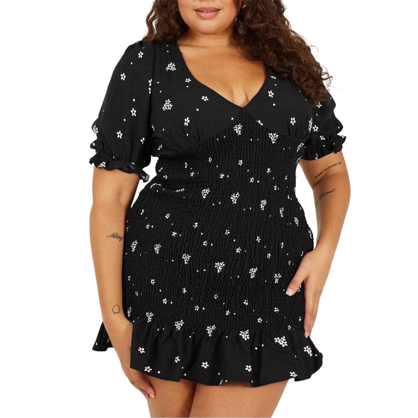 Black-White - Front - Brave Soul Womens-Ladies V Neck Plus Puff Sleeve Mini Dress