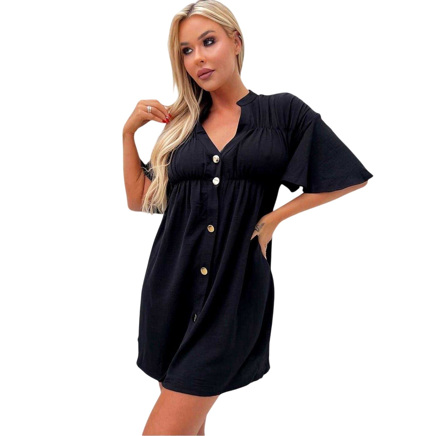 Black - Side - AX Paris Womens-Ladies Ruched Button-Down Smock Dress