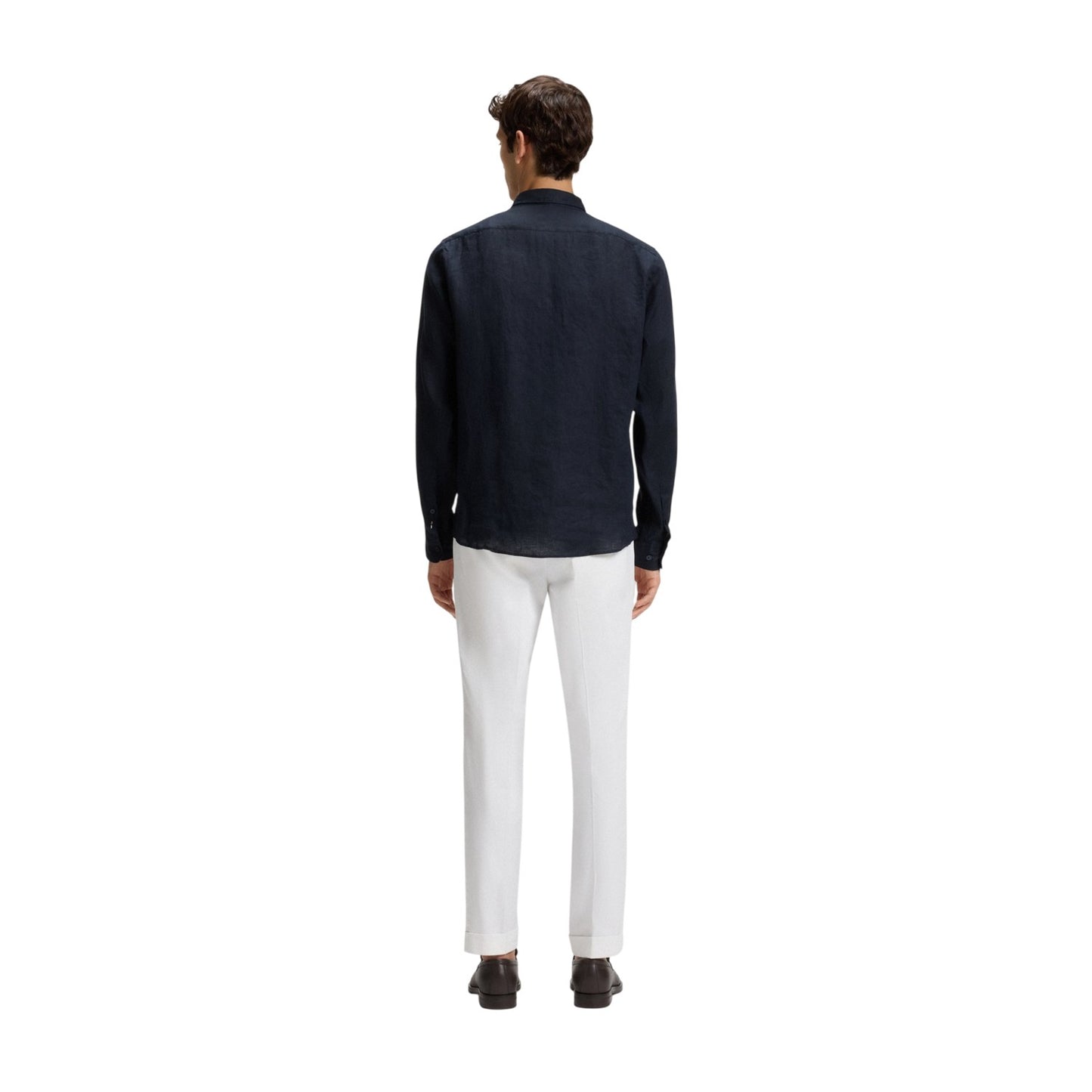 Dark Blue - Back - Boss Mens Liam Linen Collared Long-Sleeved Shirt