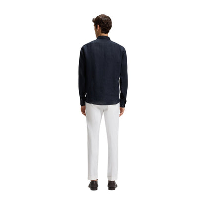 Dark Blue - Back - Boss Mens Liam Linen Collared Long-Sleeved Shirt