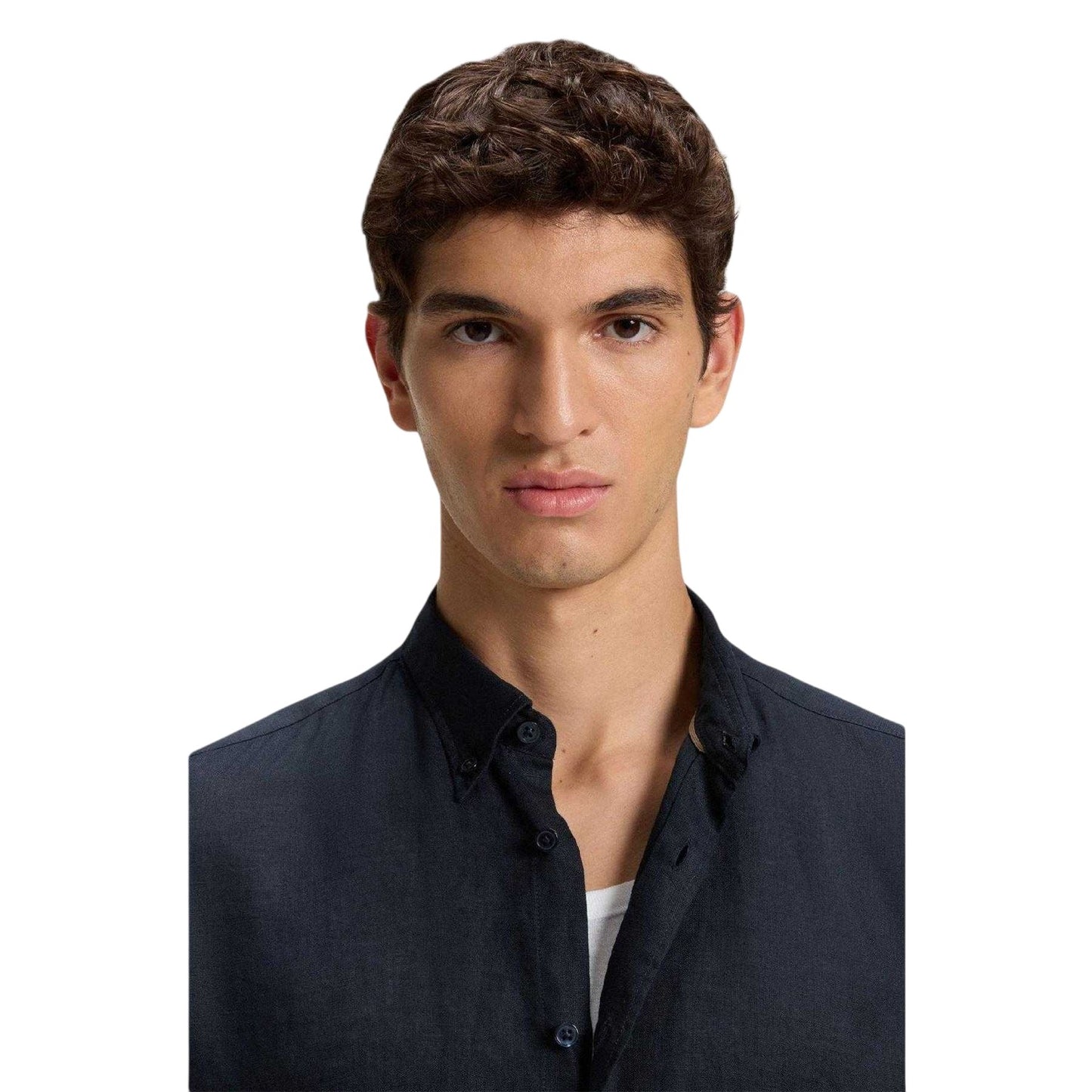 Dark Blue - Side - Boss Mens Liam Linen Collared Long-Sleeved Shirt