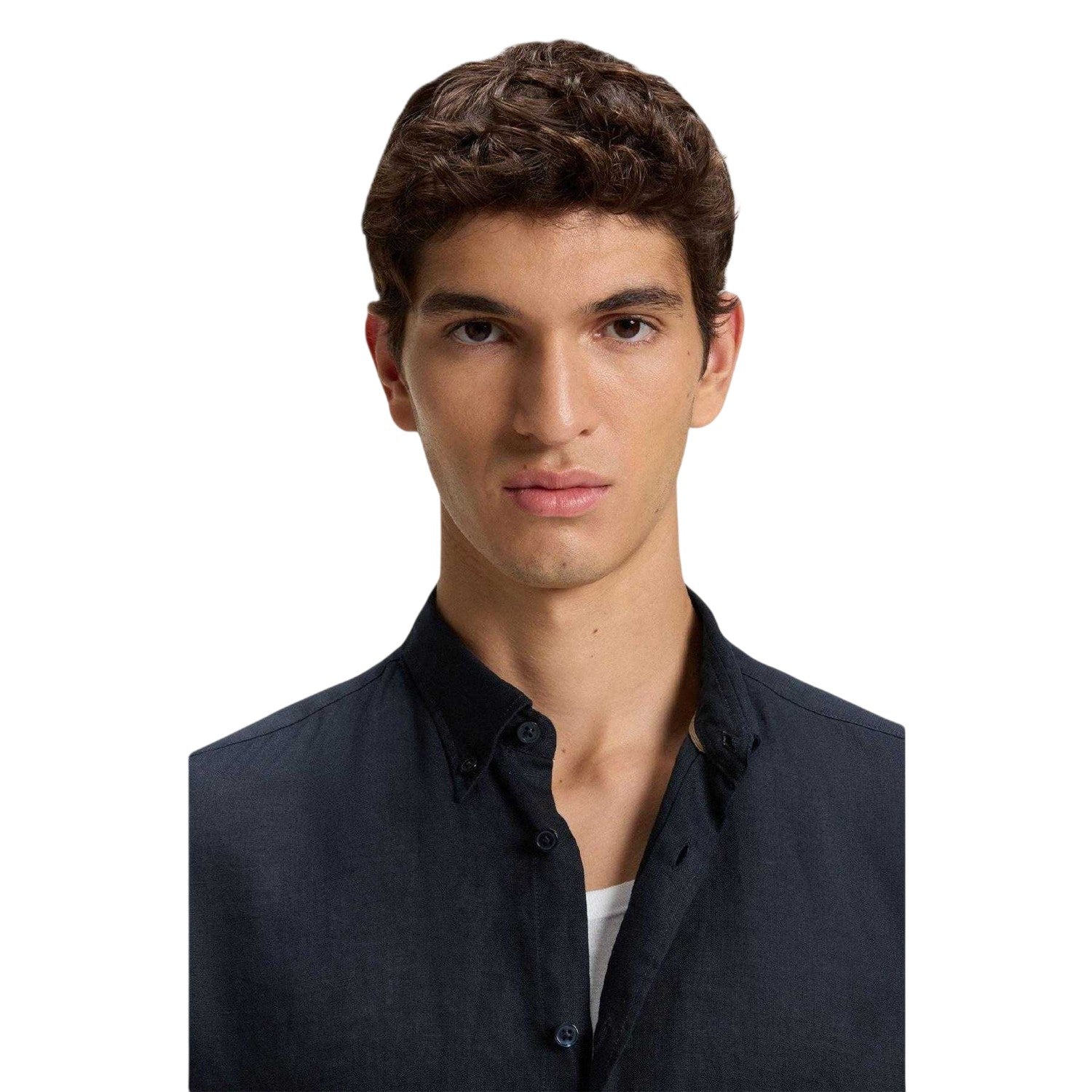 Dark Blue - Side - Boss Mens Liam Linen Collared Long-Sleeved Shirt