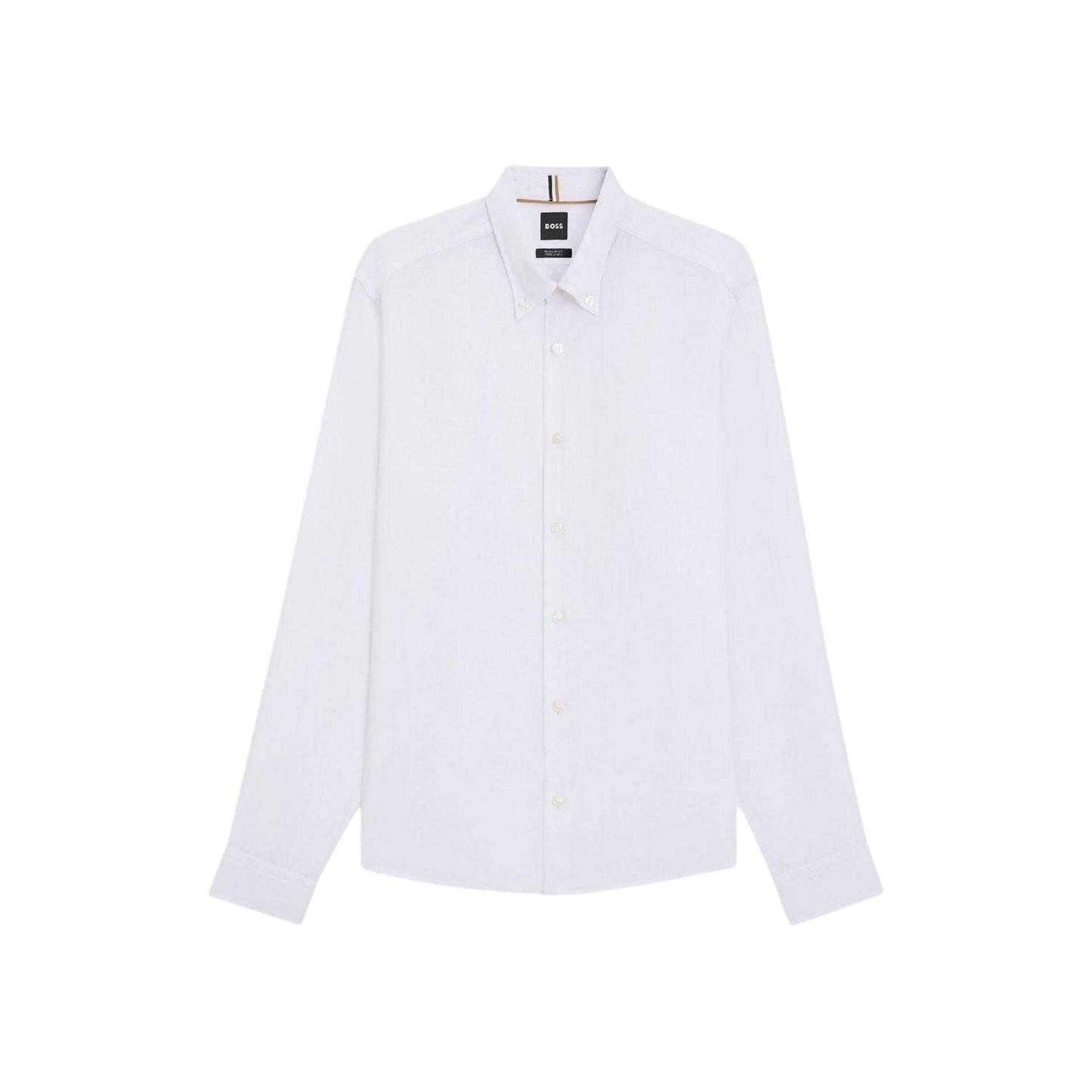 White - Front - Boss Mens Liam Linen Collared Long-Sleeved Shirt