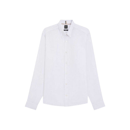 White - Front - Boss Mens Liam Linen Collared Long-Sleeved Shirt