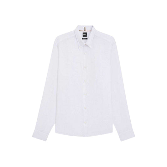 White - Front - Boss Mens Liam Linen Collared Long-Sleeved Shirt