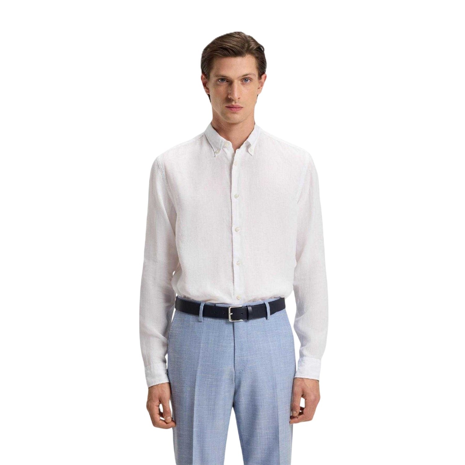 White - Lifestyle - Boss Mens Liam Linen Collared Long-Sleeved Shirt