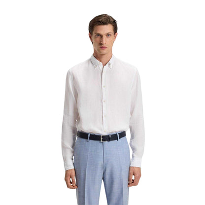 White - Lifestyle - Boss Mens Liam Linen Collared Long-Sleeved Shirt