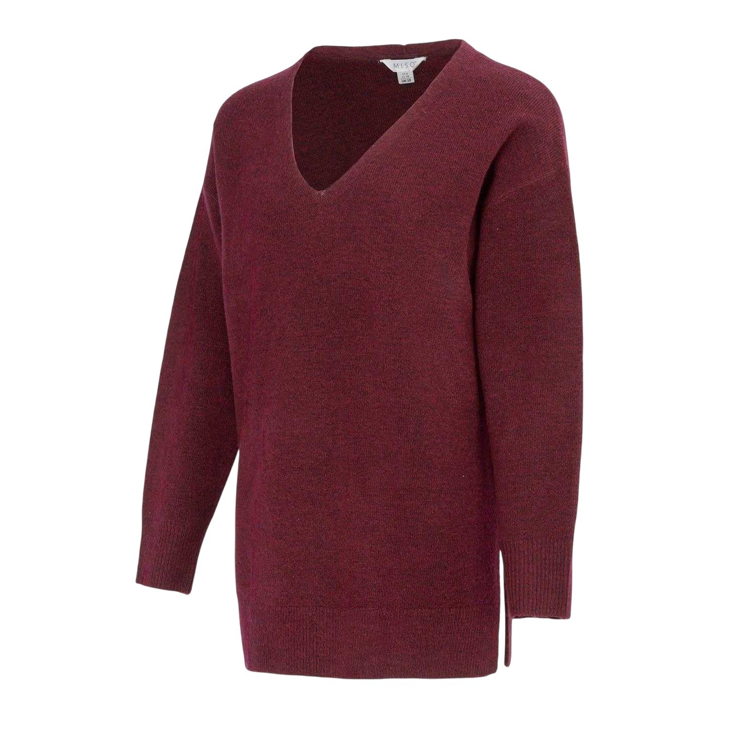 Burgundy - Side - Miso Womens-Ladies Plain V Neck Loose Sweater Dress