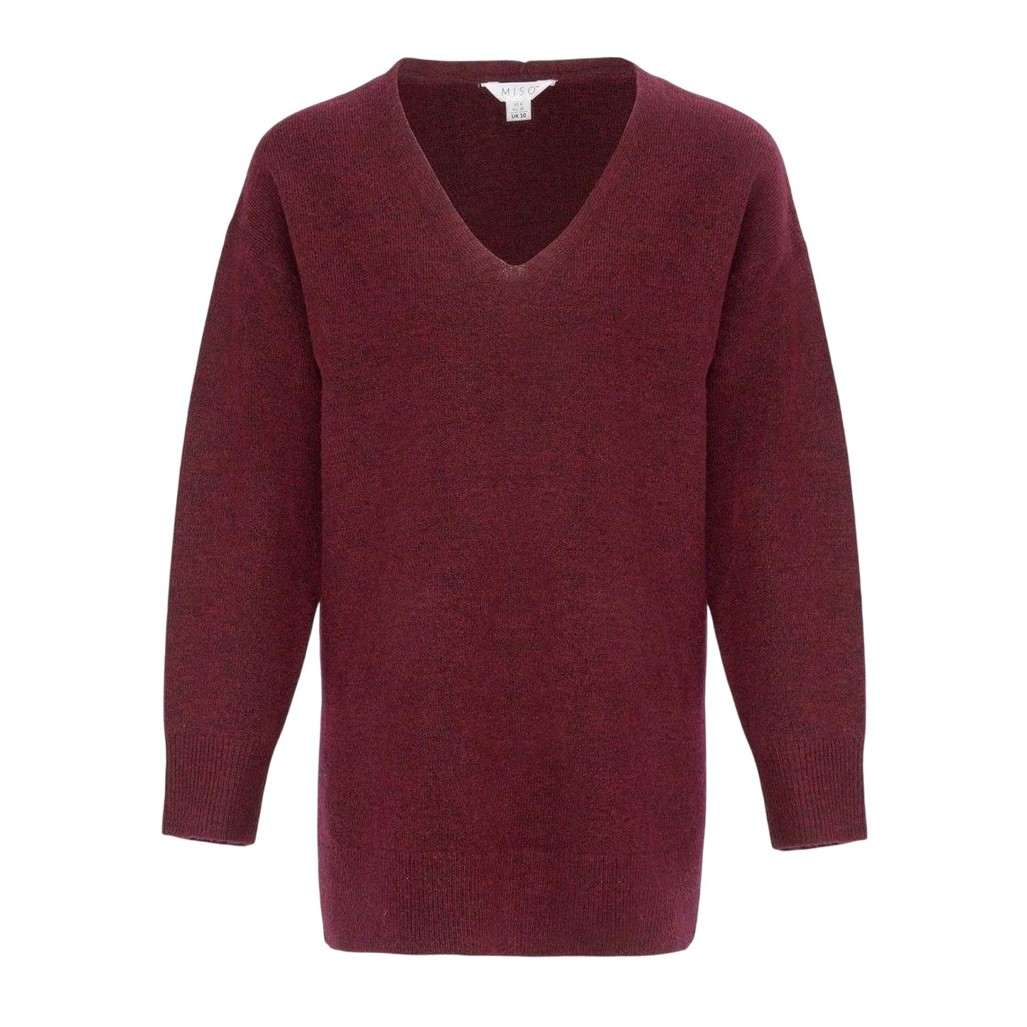 Burgundy - Front - Miso Womens-Ladies Plain V Neck Loose Sweater Dress
