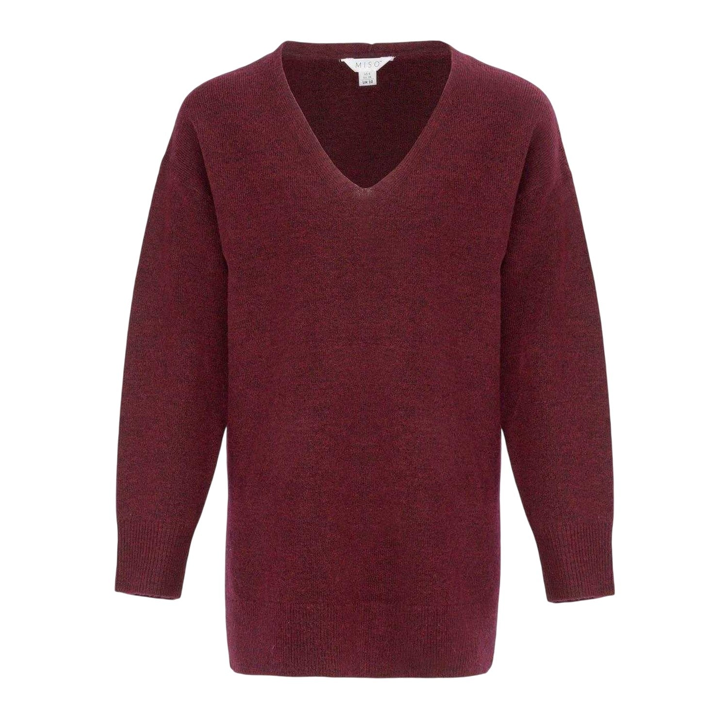 Burgundy - Front - Miso Womens-Ladies Plain V Neck Loose Sweater Dress