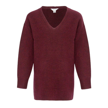 Burgundy - Front - Miso Womens-Ladies Plain V Neck Loose Sweater Dress