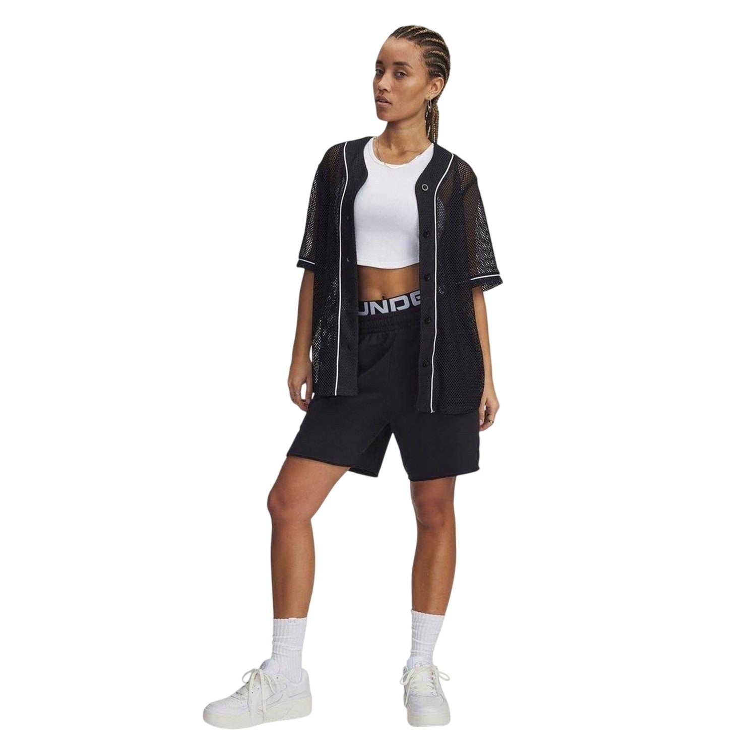 Black - Side - Under Armour Womens-Ladies V Neck Oversized Jersey